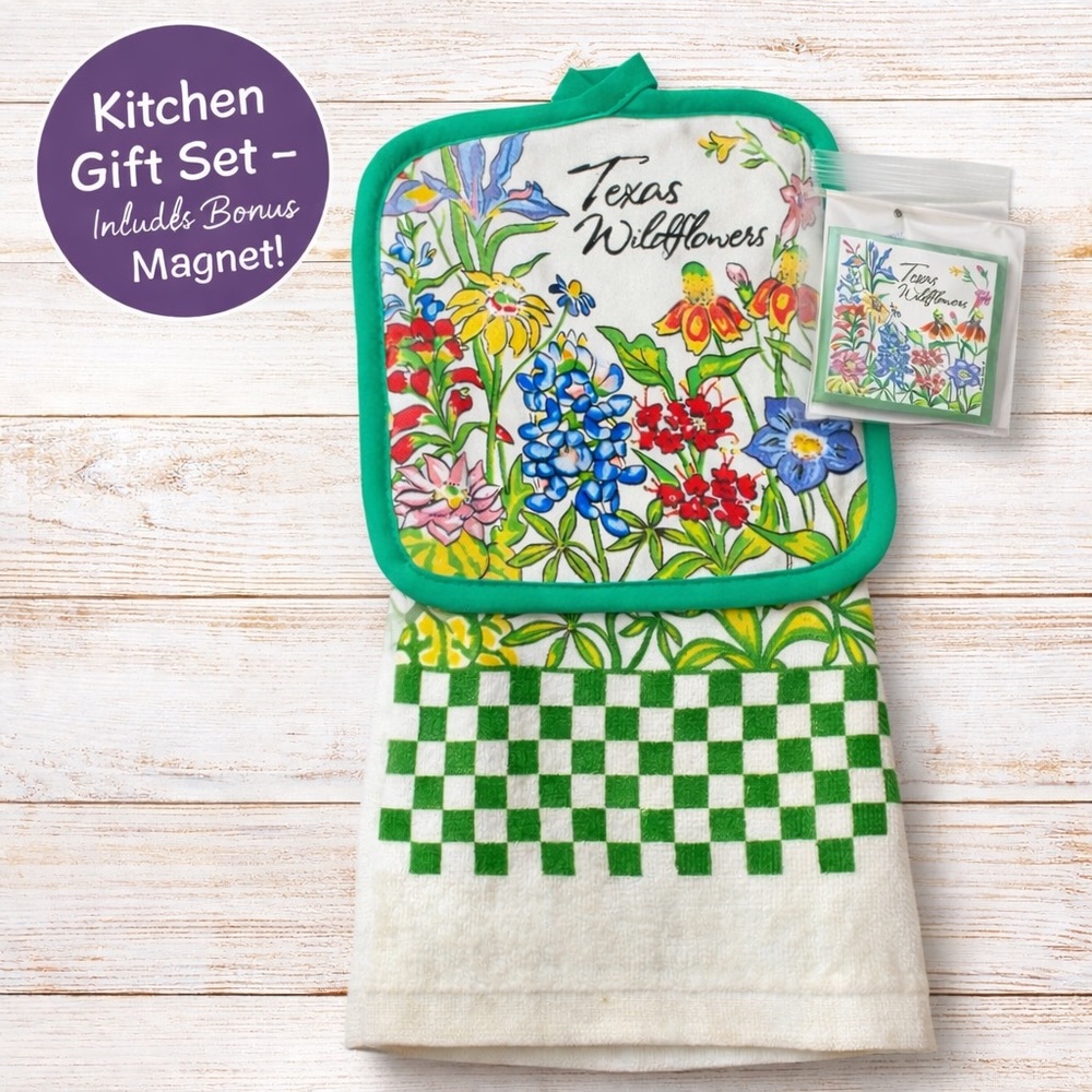 Texas Wildflowers Kitchen Set Potholder & Towel w/ Bonus Magnet Farmhouse Charm